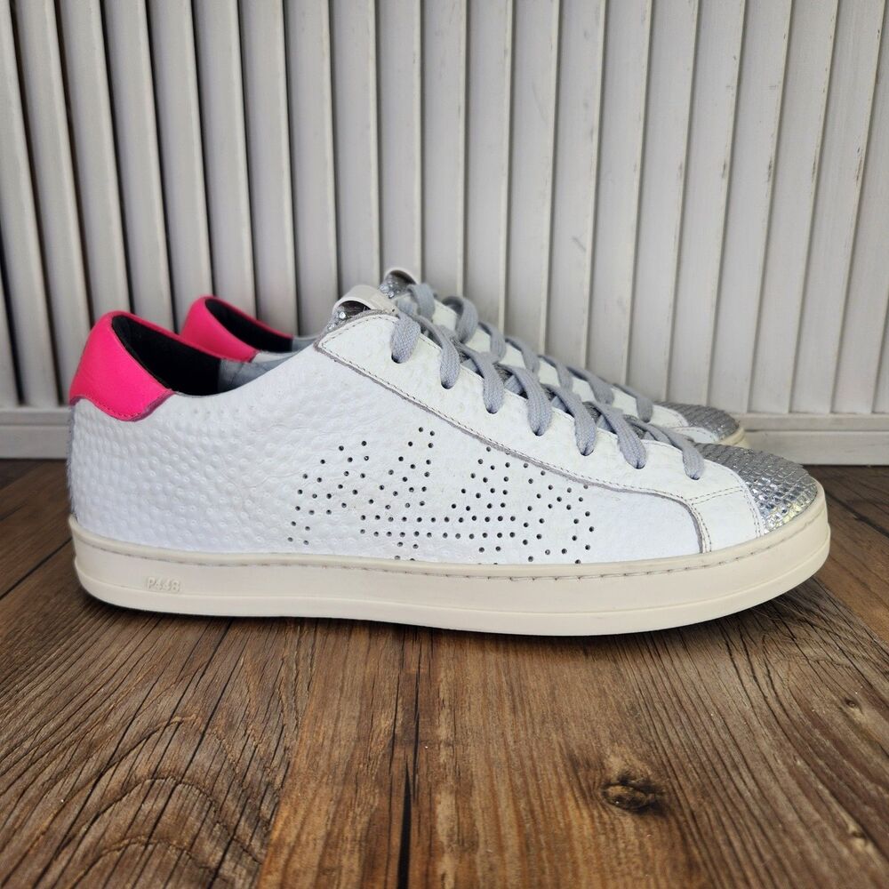 P448 John Peakary Sneakers Womens 8.5 White Silver Tumbled Leather Tennis Shoes